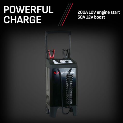 Schumacher Electric Wheeled Battery Charger and Engine Starter, SC1633, 2-in-1, Manual Timer Controlled, 200 Cranking Amps, 12 Volt, 24 Volt, for Car, SUV, Truck, and Marine Batteries - Image 4