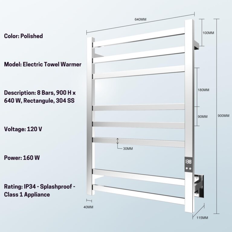 PeakTrivol 8-Bar Towel Warmer - Fast Heating, Auto Shut-Off Timer, LED Display Panel - Hardwired or Plug-in Options - Polished 304 Stainless Steel - Ideal for Bathroom - Hot Towel Warmer Rack - Image 4