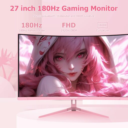 Raywego Pink 27 inch Curved Gaming Monitor 180Hz,FHD 1080P,1800R LED Display,Pink Computer Monitor,1ms (MPRT),FreeSync,Eye-Care Technology, DP, HDMI Port for Gaming Home Office,VESA(75mm*75mm) - Image 9