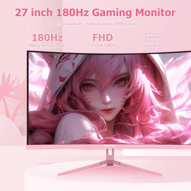 Raywego Pink 27 inch Curved Gaming Monitor 180Hz,FHD 1080P,1800R LED Display,Pink Computer Monitor,1ms (MPRT),FreeSync,Eye-Care Technology, DP, HDMI Port for Gaming Home Office,VESA(75mm*75mm) - Image 9
