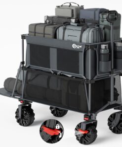 PORTAL 400L Large Capacity Collapsible Double Decker Wagon with Brakes, 450LB Heavy Duty Folding Cart with Tailgate, Foldable Utility Wagons for Camping, Beach, Garden, Sports, Shopping