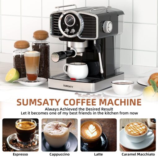 SUMSATY Espresso Machine 20 Bar, Professional Espresso Maker with Milk Frother Steamer Wand, Espresso Coffee Machine Black, Cappuccino & Latte Machine for Home, Retro, 1.8L Removable Water Tank - Image 3