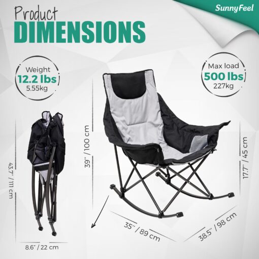 SUNNYFEEL Rocking Camping Chair, Luxury Padded Recliner, Oversized Folding Lawn Chair with Pocket, Heavy Duty for Outdoor/Picnic/Lounge/Patio, Portable Camp Rocker Chairs with Carry Bag - Image 4