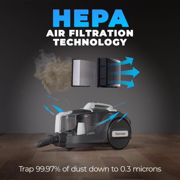 Kenmore DC5070 500 Series Bagless Canister Vacuum with Hair Eliminator Brushroll，2-Motor Cyclonic Technology, HEPA Filtration & 24' Auto Cord Rewind for Pet, Carpets, Hard Floors, Stairs, White - Image 5