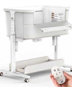 VaVaSoo Rocking Bassinet for Baby Electric 3 Motion Automatic Bedside Sleeper Auto Rolling Newborn Cradle Rocks Itself 5 Height Adjustable with Music, Wheels, Storage, Grey & White
