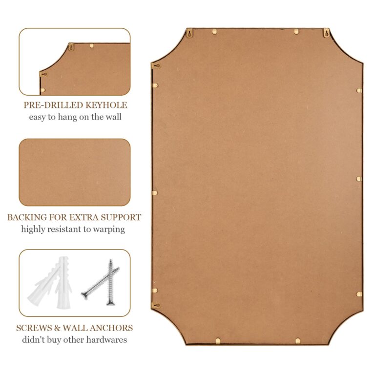 Fobule 24"x36" Mirror for Wall, Scalloped Corners Rectangle Decorative Mirror, Metal Beaded Frame Accent Wall Decor for Bathroom, Entryway, Mantel, Antique Gold - Image 3