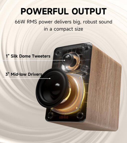 Edifier M60 Multimedia Speaker Bluetooth 5.3, 66W RMS, Hi-Res Audio & Hi-Res Wireless Audio, LDAC,3" Mid Bass & 1" Tweeter, USB-C & Aux Inputs, Compact Desktop Speaker – Classic Oak - Image 8