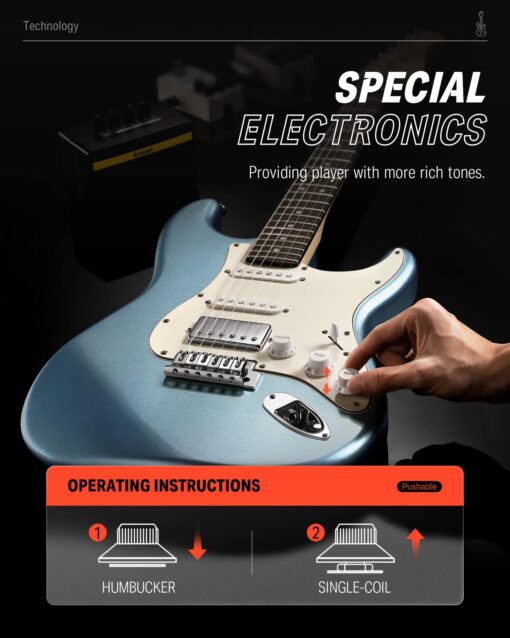 Donner DST-152R Electric Guitar, 39" Beginner Electric Guitar Kit, HSS Pickup with Coil Split, Guitar Starter Set with Amp, Bag, All Accessories, Metallic Ice Blue - Image 4