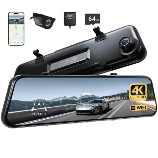 Pelsee P12 Pro Max 4K+2.5K Rear View Mirror Camera, 12" Mirror Dash Cam with 5G WiFi, Dash Cam Front and Rear with Starvis Night Vision, Smart Driving System ADAS, Included 64GB Card, Voice Control