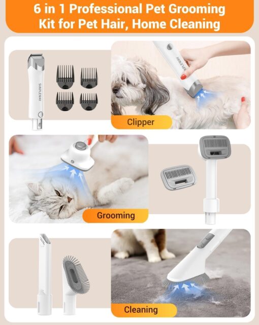 Dog Vacuum Grooming Kit for Shedding: Professional Hair Clippers Pet Groomer - Strong Suction Cleaner Deshedding Tool Fur Brush Attachment Trimmer for Home Cat (Off-White) - Image 8