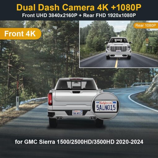 Fitcamx 4K Dual Dash Cam for 2020-2024 GMC Sierra 1500 2500HD 3500HD has Auto-Dimming (HD2-4925), OEM Look, Front 2160P+Rear 1080P Video, Loop Recording, WiFi&APP, G-Sensor, Easy to Use, 128GB Card - Image 6