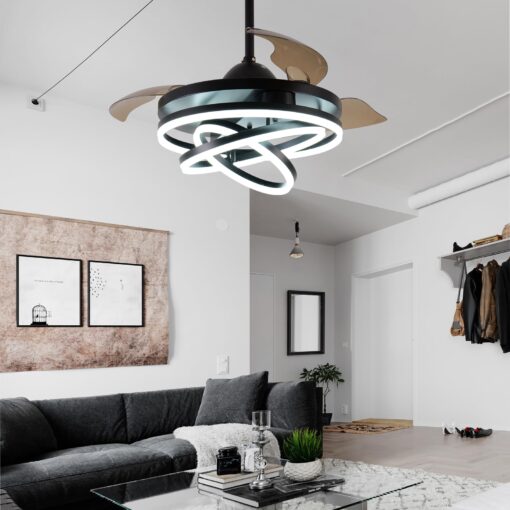 Zenouidle 42" Retractable Ceiling Fan Modern Ceiling Fans with Lights and Remote, Silent DC Motor,3 Color 6 Speed 3 Round Rings Chandelier Ceiling Fan with Lights for Bedroom Living Room(Black) - Image 2