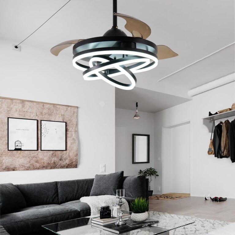 Zenouidle 42" Retractable Ceiling Fan Modern Ceiling Fans with Lights and Remote, Silent DC Motor,3 Color 6 Speed 3 Round Rings Chandelier Ceiling Fan with Lights for Bedroom Living Room(Black) - Image 2