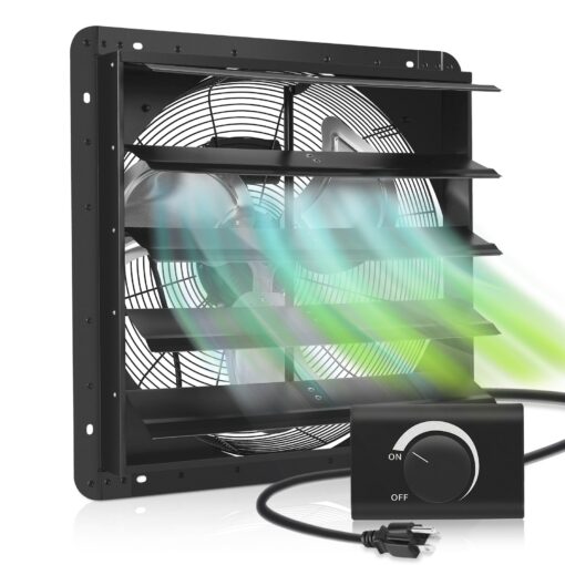 FAREAST 20 Inch Garage Exhaust Fan Wall Mounted, 3200 CFM, Wall Exhaust Fan with Adjustable Speed Controller, Automatic Shutter, for Barn, Shed, Workshop, Warehouse Factory Ventilation (Black)