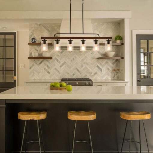 Farmhouse Chandelier 6-Light Dining Room Light Fixture Over Table Kitchen Island Lighting Rustic Chandeliers for Dining Light with Seeded Glass Shade Wood Pendant Lights Kitchen Island - Image 3