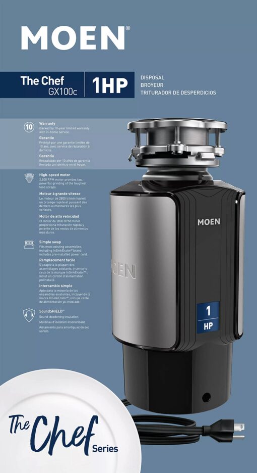 Moen GX100C Chef Series 1 HP Continuous Feed Garbage Disposal with Sound Reduction, Disposer Power Cord Included - Image 6