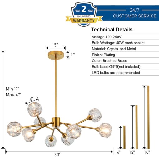 Weesalife Sputnik Chandeliers for Dining Room Light Fixture Over Table, Modern Crystal Chandeliers, 9 Lights Gold Lighting Fixtures for Living Room Bedroom Kitchen Island - Image 8
