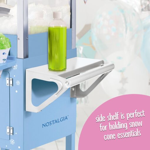 Nostalgia Snow Cone Shaved Ice Machine - Retro Cart Slushie Machine Makes 72 Icy Treats - Includes Metal Scoop, 2 Syrup Bottles, 100 Paper Cups/Spoons, Storage Compartment, Wheels - Blue, 54" Tall - Image 2