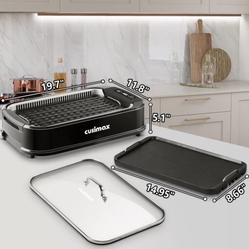 CUSIMAX Indoor Grill, Electric Smokeless Grill, 1500W Korean BBQ Grill, Electric Grill Griddle with LED Smart Display & Tempered Glass Lid, Non-stick Removable Grill Plate & Griddle Plate, Black - Image 2