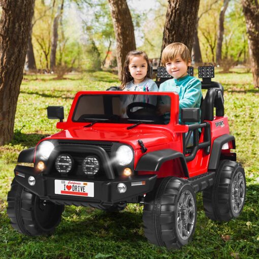 Costzon 2-Seater Ride on Truck, 12V Battery Powered Electric Vehicle Toy w/Remote Control, 3 Speed, LED Lights, MP3, Horn, Music, 2 Doors Open, Spring Suspension, Ride on Car for Kids (Red) - Image 7