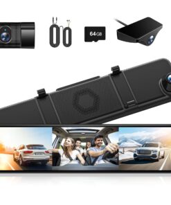 WOLFBOX G890 12" 3 Channel Mirror Dash Cam, 2K Triple Rear View Mirror Camera, 4K Dash Cam Mirror Front and Rear with Hardwire Kit, Touch Screen Backup Camera with Motion Detection, GPS & 64GB Card
