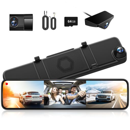 WOLFBOX G890 12" 3 Channel Mirror Dash Cam, 2K Triple Rear View Mirror Camera, 4K Dash Cam Mirror Front and Rear with Hardwire Kit, Touch Screen Backup Camera with Motion Detection, GPS & 64GB Card