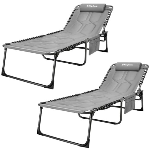 KingCamp Set of 2 Oversize Padded Folding Chaise Lounge Chair for Outdoor, Patio, Beach,Lawn, Sunbathing, Tanning, Pool, Lay Flat Heavy-Duty Adjustable Reclining Chairs with Pillow, Support 330lb,Grey