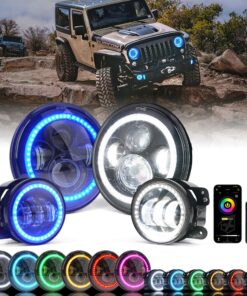 Xprite 7" Inch RGB Halo LED Headlights & 4" Fog Lights Led Combo Headlamp Assembly Dual Controlled RGB Light Kits Compatible with 2007-2018 Jeep Wrangler JK JKU, DOT Approved