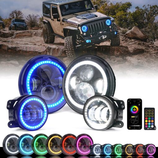 Xprite 7" Inch RGB Halo LED Headlights & 4" Fog Lights Led Combo Headlamp Assembly Dual Controlled RGB Light Kits Compatible with 2007-2018 Jeep Wrangler JK JKU, DOT Approved