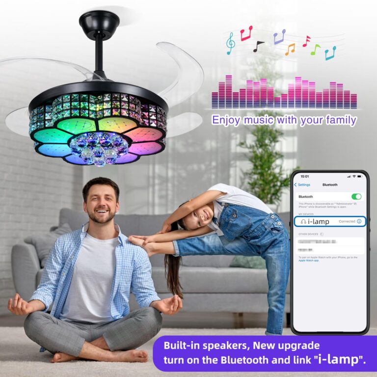 BAYSQUIRREL Retractable Crystal Ceiling Fan with Light, Bluetooth Ceiling Fans with Speaker and Remote/APP Control, 6 Speeds Reversible Blades, RGB-LED Dimmable Chandelier Ceiling Fan - Image 7
