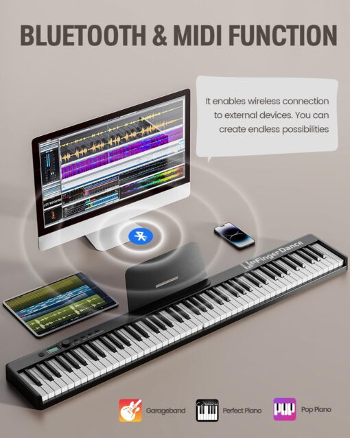 Finger Dance Folding Piano Keyboard 88 Keys, Portable Electric Keyboard with Bluetooth MIDI, Full Size Digital Piano, Wood Grain, Semi-Weighted, Touch Sensitive, with Storage Bag for Beginner - Image 5