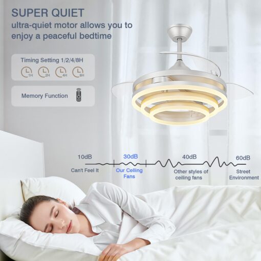 TXCSLY 42 Inch Retractable Ceiling Fan, Chandelier Ceiling Fan with Light DC Motor, 3 Color Tempearture, 6 Wind Speed for Bedroom, Living Room and Dining Room, Silver - Image 4