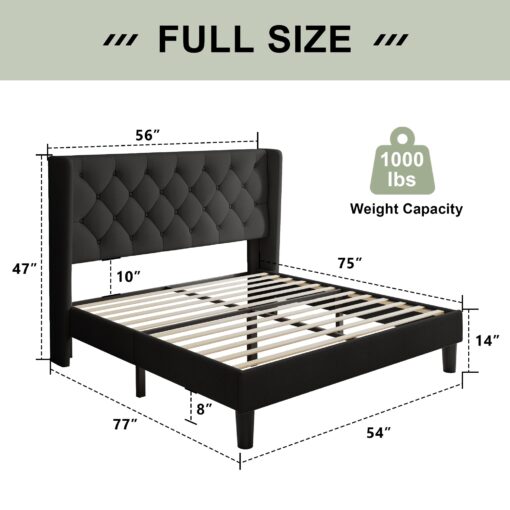 Feonase Full Size Bed Frame with Upholstered Wingback Headboard,Button Tufted Platform Bed and Heavy Duty Wooden Slats Support,Easy Assembly, Noise-Free,No Box Spring Needed, Black - Image 7