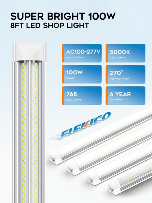 ELEKICO 8ft Led Shop Light, Super Bright 100w 5000k 15000lm 8' Led Shop Lights 8ft, Linkable 96" 8 Foot Shop Light 8 Ft for Garage Warehouse Factory Barn Garage 10pack - Image 2