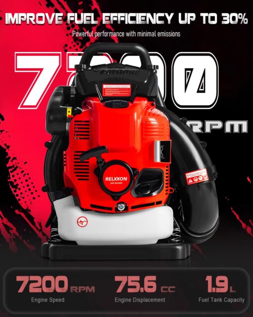 Relxxon 4-Stroke Gas Backpack Leaf Blower – 75.6cc, Heavy-Duty Yard Blower, 205 MPH/750 CFM, No Fuel Mixing, for Lawn Care and Snow Removal and Outdoor Cleanups (BBX0099) - Image 9