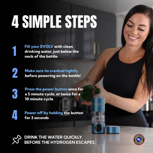 EVOLV Hydrogen Water Bottle Generator – SPE & PEM Water Ionizer 5.42PPM, Highest Concentrated Dose – 8oz Hydrogenated Water Bottle for Improved Energy & Inflammation Support - Easy to Use, Turquoise - Image 4