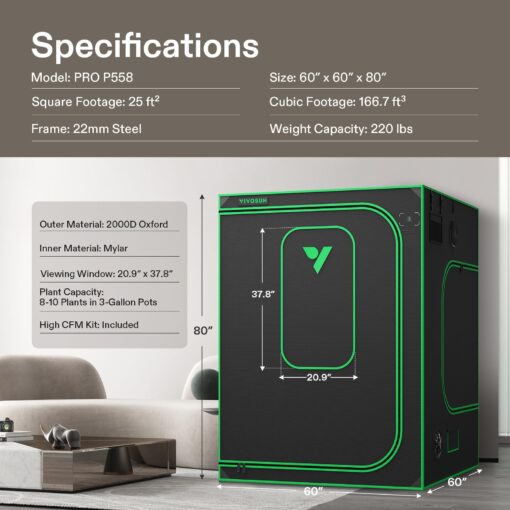 VIVOSUN P558 60"×60"×80" PRO Grow Tent, with Thick 1 inch Poles, Strengthened High Reflective Mylar Oxford Fabric, Extra Hanging Bars & High CFM Kit for Hydroponics Indoor Plant for AeroLight A200SE×3 - Image 2