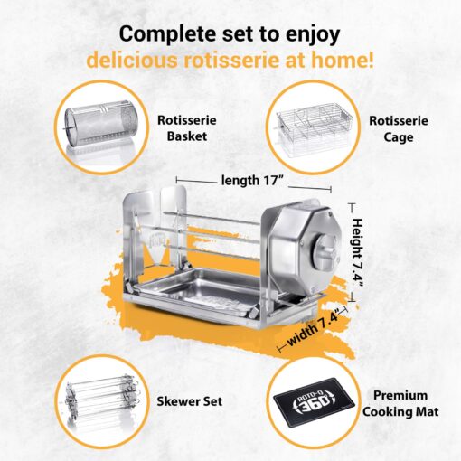 ROTO-Q 360 Stainless Steel Rotisserie Kit - Non-Electric, Wind-Up Spit Roaster with Rotisserie Basket, Flat Cage, Skewer Set, and Cooking Mat for Grills, Ovens, and Smokers - Indoor & Outdoor BBQ Use - Image 9