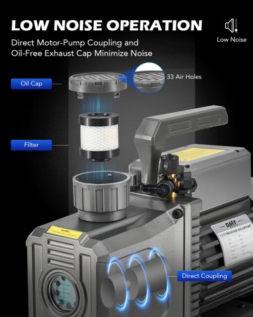 Orion Motor Tech 2 Stage Vacuum Pump, 9 cfm 3/4 hp HVAC Rotary Vane Vacuum Pump with 1.5 Micron Ultimate Vacuum, Two Stage Air Vacuum Pump for R22 R134a R410a HVAC Servicing - Image 4