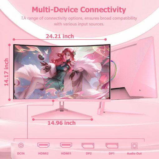 Raywego Pink 27 inch Curved Gaming Monitor 180Hz,FHD 1080P,1800R LED Display,Pink Computer Monitor,1ms (MPRT),FreeSync,Eye-Care Technology, DP, HDMI Port for Gaming Home Office,VESA(75mm*75mm) - Image 2