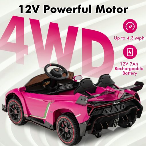 INFANS 2 Seater Kids Ride on Car, 12V 4WD Licensed Lamborghini Veneno Powered Electric Vehicle with Hydraulic Doors, Rocking Mode, Adjustable Speeds, Remote Control, MP3, Headlight (Coral) - Image 9