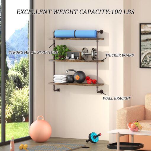 Industrial Pipe Shelf Wall Mounted, Rustic Wood Floating Shelves, 3 Tier Wall Display Bookshelf, Storage Rack Sundries Holder for Kitchen Office Bathroom Organization and Home Decor (24inch x 2) - Image 3