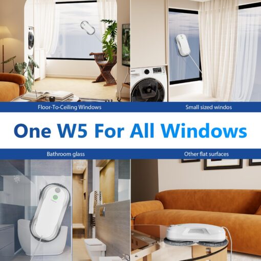 Tosima W5 Window Cleaning Robot, Dual Direction Auto-Spray Smart Window Cleaner with Triple Safety System, Smart Navigation, Remote Control, for All Smooth Surfaces, with 8 Rags, White - Image 2