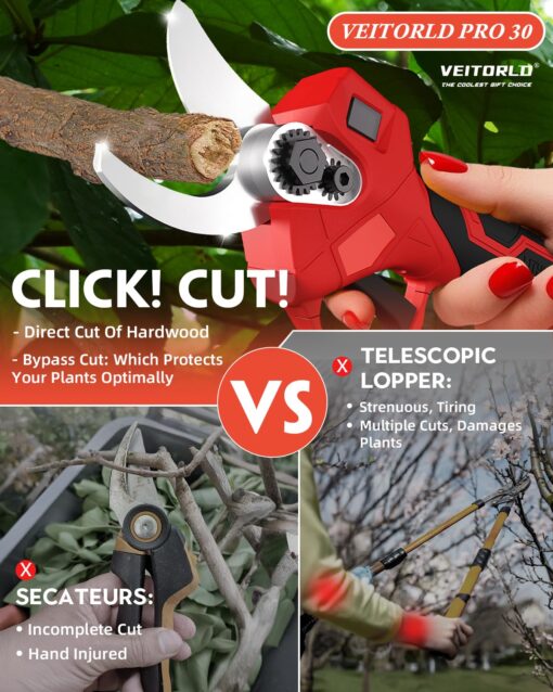 VEITORLD 2-IN-1 Cordless Electric Pole Pruning Shears, 15ft Reach, 1.2" Cutting Diameter, Battery Powered with 2x 2000mAh, Brushless Motor for Efficient Garden Tree Trimming, Branch Cutting（Red） - Image 3