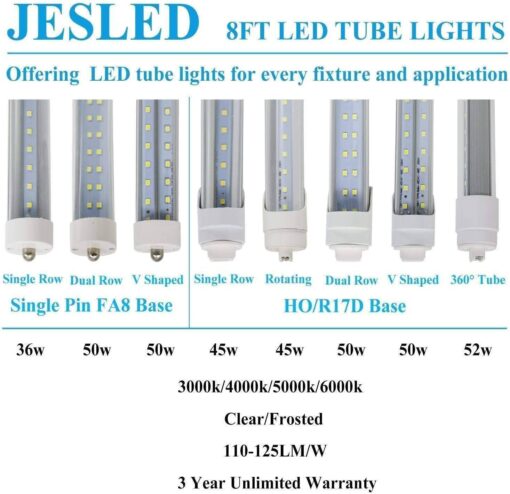 JESLED R17D/HO 8FT LED Bulbs - (12 Pack) Rotate V Shape, 5000K Daylight 72W, 7200LM, 110W Equivalent F96T12/DW/HO, Clear Cover, T8/T10/T12 Replacement, Dual-End Powered, Ballast Bypass - Image 2