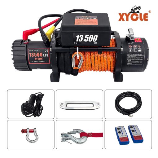 Winch 13500 lbs 12V Waterproof Electric Winch Synthetic Rope Electric Winch Towing Winch Boat Trailer Winch SUV 4-Wheel Drive Off-Road Vehicle with Remote Control 3/8 Synthetic Rope (Dark-Orange) - Image 6
