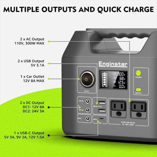 EnginStar Solar Generator, 300W Portable Power Station, 296Wh Lithium Battery Backup w/Two 110V Pure Sine Wave AC Outlet for Camping Road Trip RV, 80000mAh Sufficient Power Supply for Blackout - Image 7