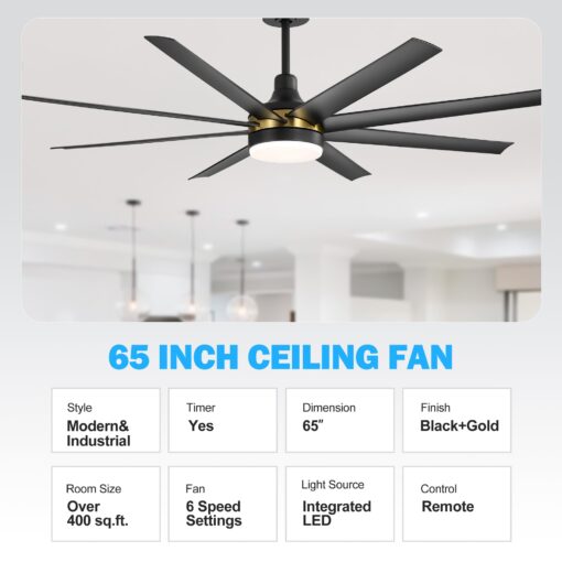 Breezary 65 Inch Ceiling Fan with Light and Remote, 8-Blade, Reversible DC Motor, 6-Speed, Timer, Industrial Ceiling Fans with Led Light Chandelier for Bedroom Office (Black & Gold + 8 Black Blade) - Image 6