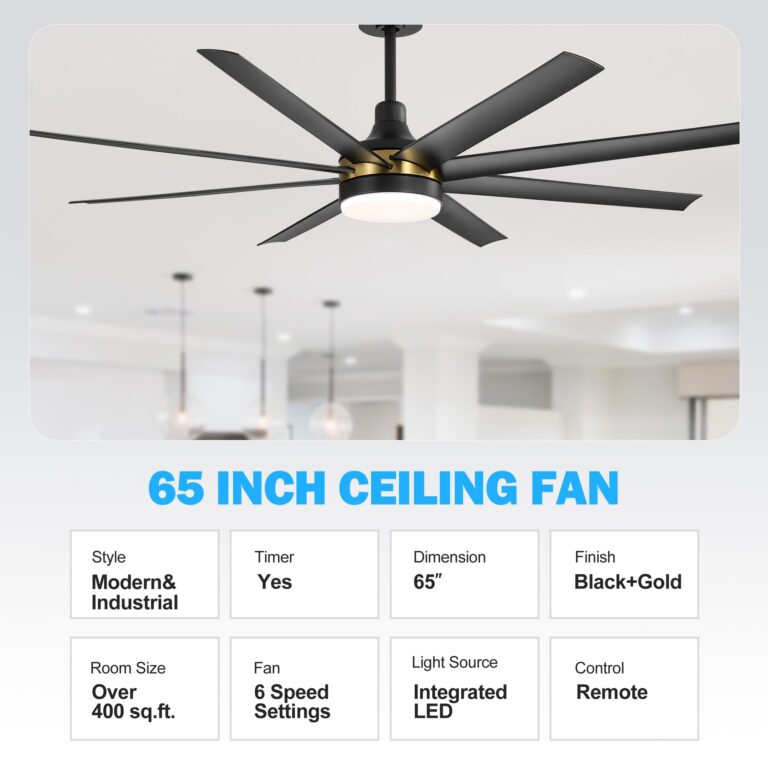 Breezary 65 Inch Ceiling Fan with Light and Remote, 8-Blade, Reversible DC Motor, 6-Speed, Timer, Industrial Ceiling Fans with Led Light Chandelier for Bedroom Office (Black & Gold + 8 Black Blade) - Image 6