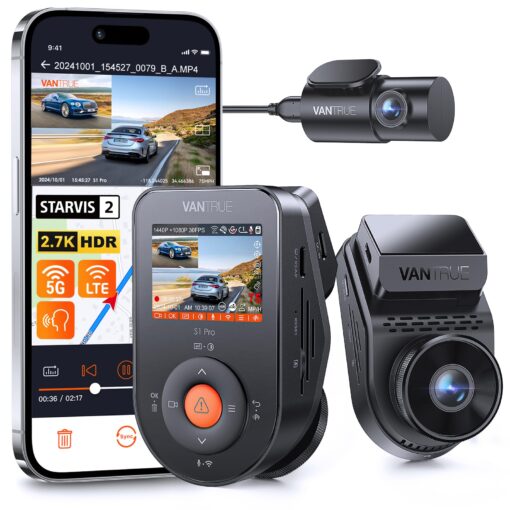 Vantrue S1 Pro 2.7K Dual Dash Cam Front and Rear, 5G WiFi 60FPS Hidden Dash Camera w/HDR Night Vision, STARVIS 2, Optional Remote Live View, GPS, Voice Control, 24/7 Parking Mode, Support 512GB Max
